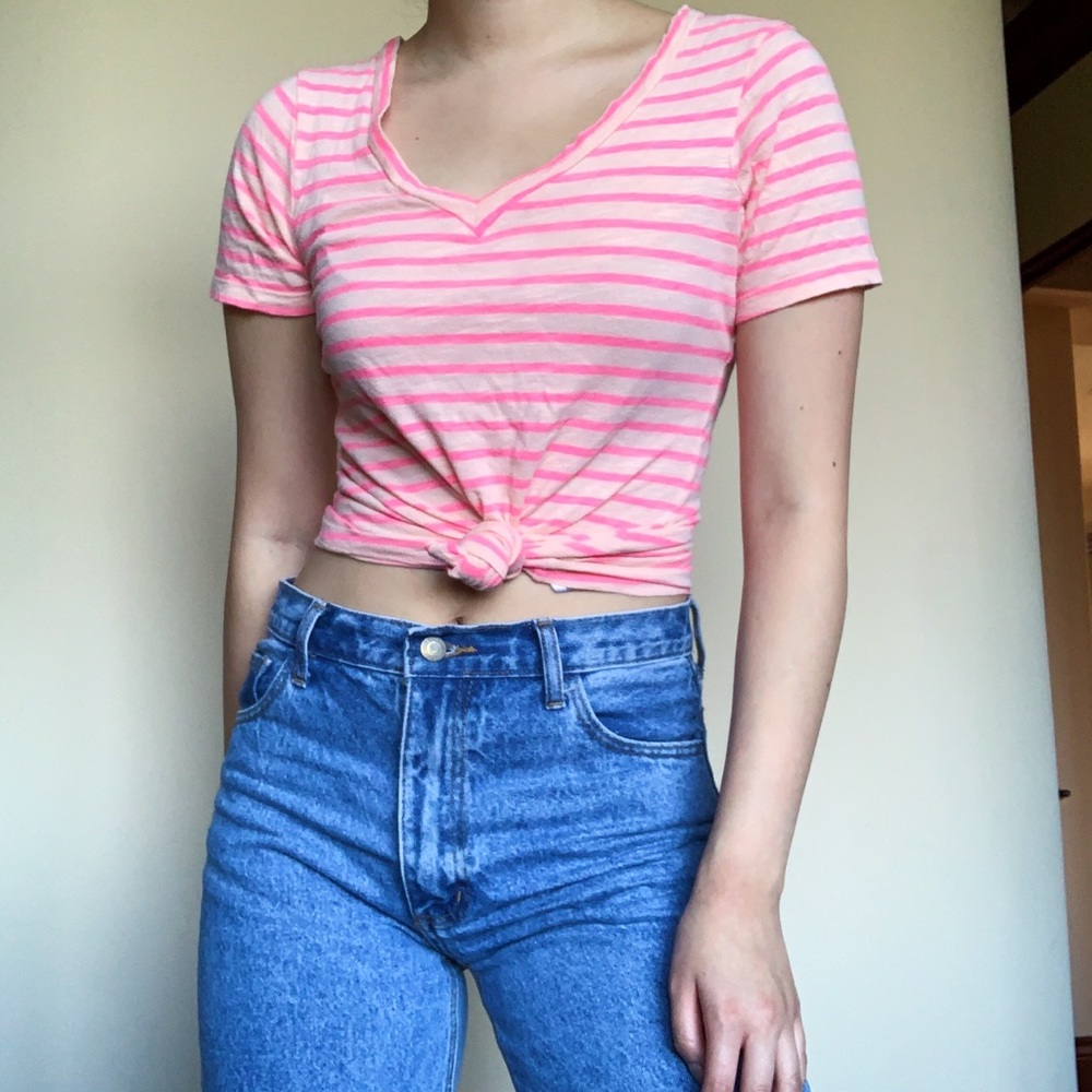 Neon Pink & Orange Striped V-Neck Tee